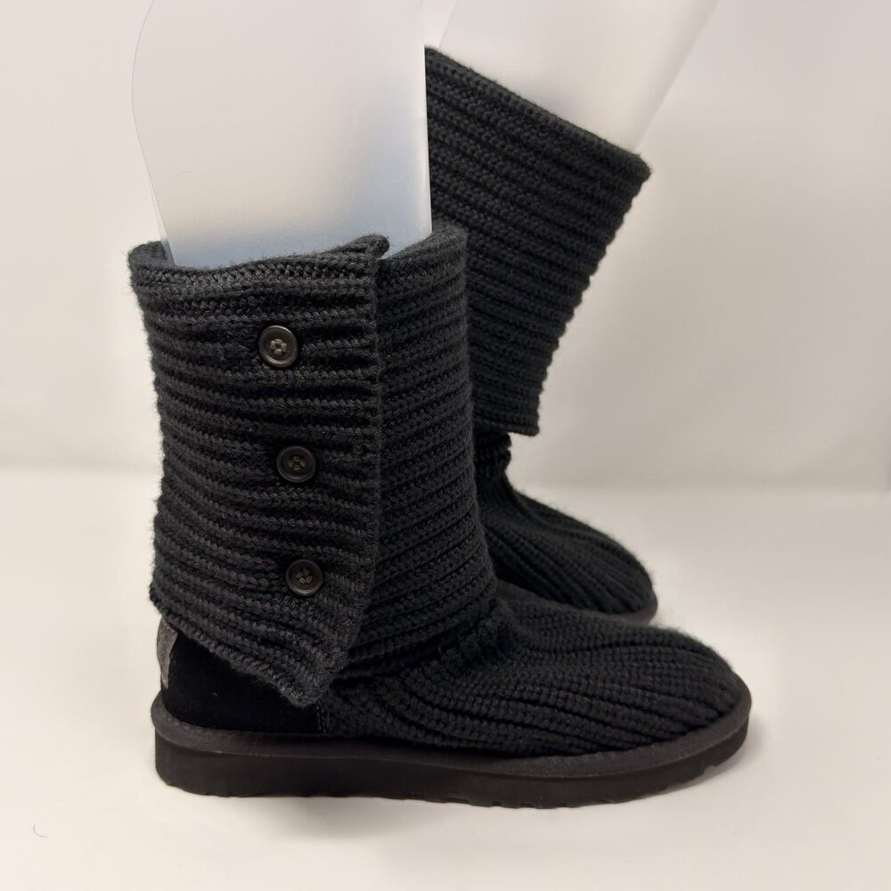 UGG Australia FoldOver Tall Classic Cardy Knit Button Boots Black Womens Size 7